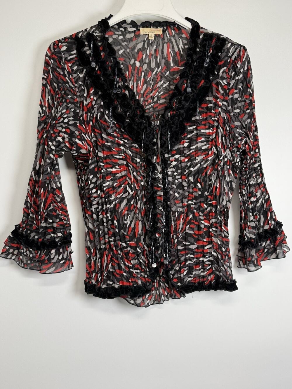 Choices Sheer Ruffle Blouse XL Black Red Beaded Sequin Trim Whimsigoth Fairy Top